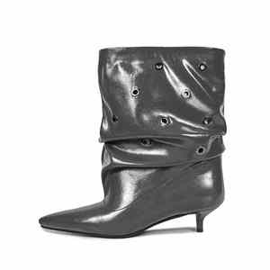 Women‘s Extra Wide Calf Slouch Boots Slip On 3.5CM Low Stiletto Heel Pointed Toe PU Ankle Booties - Product Image 5