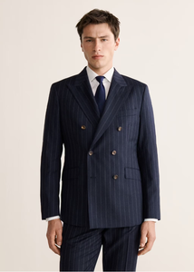 Abito <span class=keywords><strong>Doppiopetto</strong></span> Personalizzabile <span class=keywords><strong>Blu</strong></span> a Righe per Uomini d'Affari, Taglie Forti, Blazer con Polsini a Pieghe, Tessuto TR, Tempi di Consegna Rapidi - Product Image 6