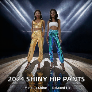 Nuova Tendenza 2024: <span class=keywords><strong>Pantaloni</strong></span> Larghi da <span class=keywords><strong>Donna</strong></span> Stile Hip-Hop, Colore Metallizzato Lucido, Abbigliamento Streetwear per Feste Estive - Product Image 2