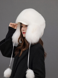 Chapeaux en fourrure de renard véritable pour femmes, chauds pour l'hiver, unisexes, tricotés, en fourrure véritable, avec pompons en fourrure moelleux - Product Image 3
