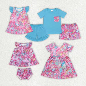 Colección de Verano Boutique para Niños, Conjuntos Combinados para Hermanos con Estampado Costero en Rosa y Azul - Product Image 6