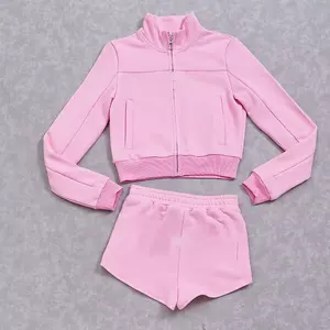 Custom Spring Casual Sexy Vintage Women Cloth Wash 2 Piece Shorts Set Cotton French Terry Zip Up Crop Hoodie Tracksuit