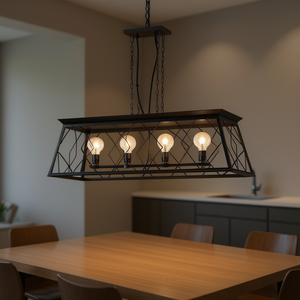 Rectangular Black Iron Chandelier 4 Light E26 Incandescent <b>Bulbs</b> Adjustable Height For Kitchen Dining Room - Product Image 2