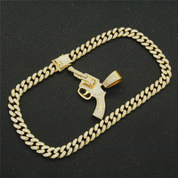 Kalung Rantai Cuban Hip Hop Lapis Emas 18K Bertabur Berlian Imitasi dengan Liontin Pistol Pendek, Rantai Link Pria Terbuat dari Paduan Seng