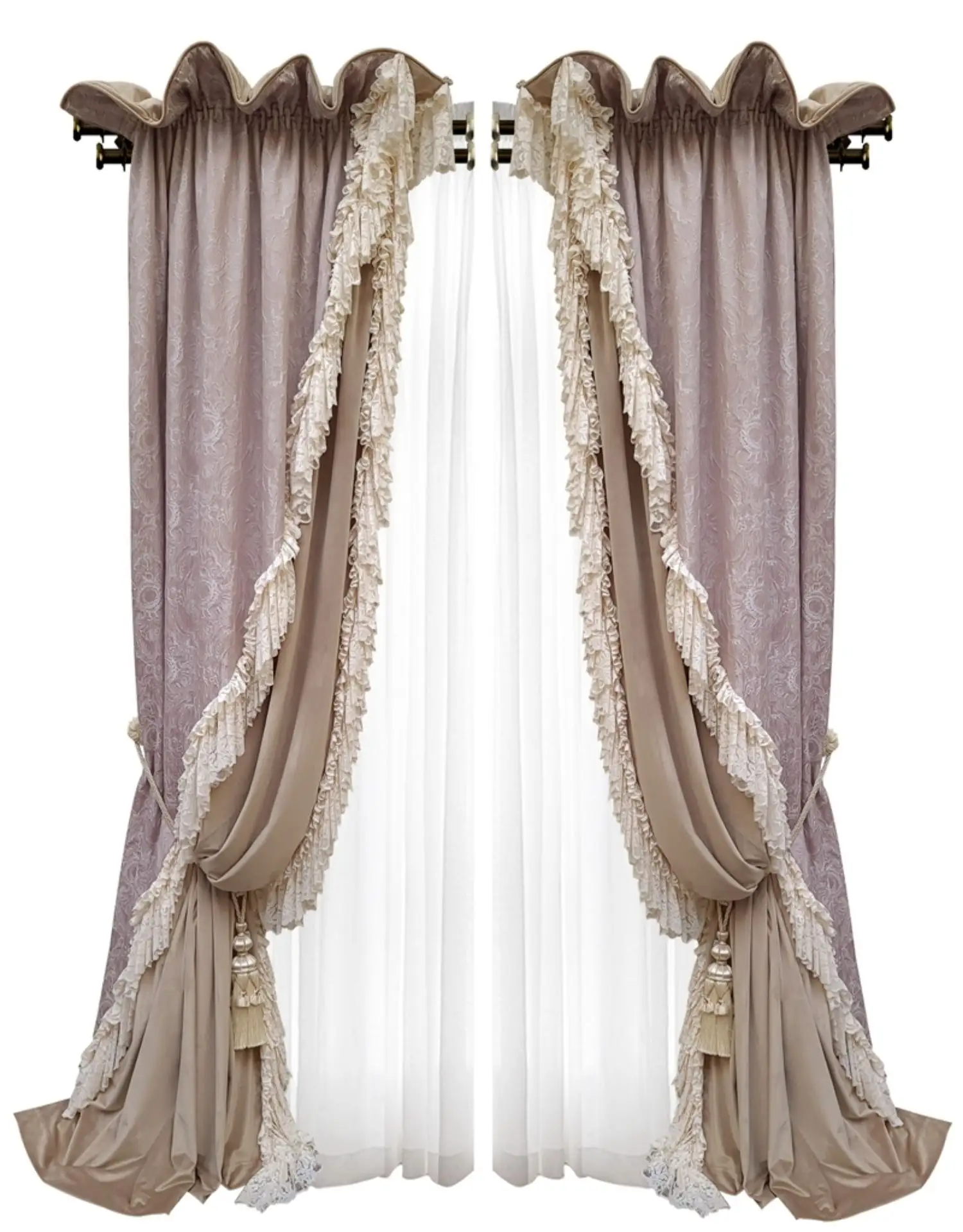 Top Luxury French curtain Customized Jacquard Romantic Trim Court Rococo Lace Velvet Curtains for living room bedroom