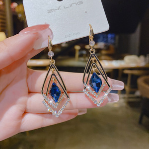 Mode coréenne géométrique Double diamant cristal boucles d'oreilles coloré rouge bleu diamant goutte balancent bijoux boucles d'oreilles femmes - Product Image 2