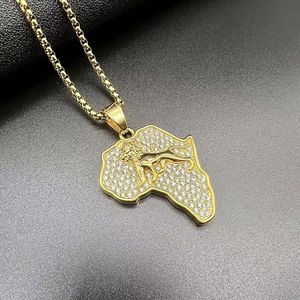 Collar con Colgante de Mapa de León Africano yunnique, Acero Inoxidable con Incrustaciones de Diamantes de Imitación, Unisex, Estilo Hip Hop, para Regalo - Product Image 2