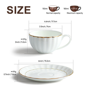 أكواب شاي وقهوة بيضاء فاخرة سعة 6 أونصات مع حواف ذهبية، طقم أكواب وصحن كابتشينو من الخزف الصيني سعة 180 مل - Product Image 2