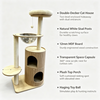 Arbre à chat en bois DuoDen à double étage, avec double entrée, maison pour chat, capsule spatiale, poteaux à gratter en sisal, emballé en carton, pour usage intérieur