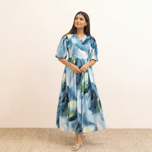 Vestido midi de algodón bordado con cuello cuadrado azul, mangas abullonadas, corte en A, holgado, estilo bohemio, informal, de verano, para mujer, hermoso vestido. - Product Image 1