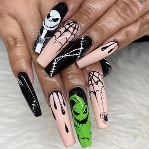 Halloween ABS couverture complète ongles de cercueil longs <span class=keywords><strong>avec</strong></span> fantôme squelette citrouille chauve-souris 24 pièces patchs d'ongles de doigt écologique en gros - Product Image 3