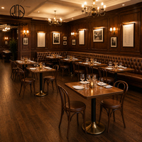 Mobilier de restaurant commercial Ron Group, banquette en cuir capitonnée, chaise en bois massif, table carrée en bois avec base en métal