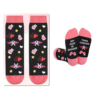 Calcetines de fe y lucha para mujer con corazón negro y Rosa/estampados de boxeo inspiradores lucha contra el cáncer suela temática longitud de la tripulación Logo Cuff - Product Image 4