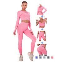 Ensemble de soutien-gorge de sport pour femmes OEM ODM, 2/3/4 pièces, sans couture, en spandex/nylon, respirant, séchage rapide, shorts de sport, haut court à manches longues pour le yoga