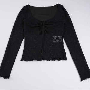 Haut à manches longues en dentelle noire pour femme, col en V, noué devant, coupe ajustée, haut en maille pour soirée, club, tenue de soirée, mode - Product Image 6