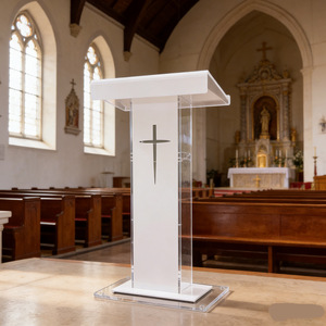 UMI NK268 Pupitre d'église en acrylique transparent, style moderne personnalisable, écologique, pupitre blanc avec plateforme, présentoir croix réglable - Product Image 1