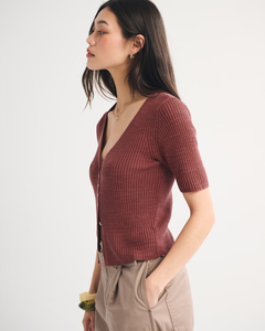 LEDUO Casual Daily Style Ribbed Knitted Women's V-Neck Knot <b>Down</b> Short Sleeve Top - Product Image 3