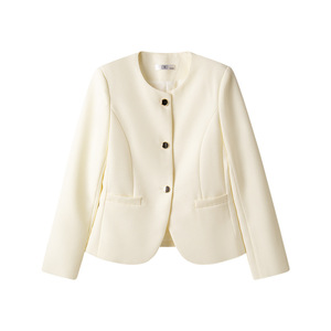 Women's Blazer Cream Solid Color Polyester Woven No-Wrinkle Treatment Eco-Friendly Spring Autumn Casual Top - Product Image 1