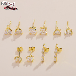 Nantong Geometric Stud Earrings 14K Gold Plated Copper Micro <b>Set</b> Zircon Everyday Wear Unisex Jewelry Accessories - Product Image 1