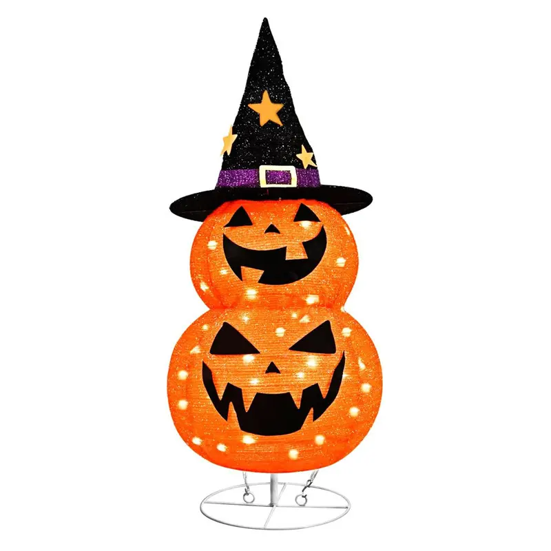 Halloween LED 90 cm Pop Up pré-iluminado lanterna de abóbora dobrável decoração para ambientes internos e exteriores com chapéu estrela