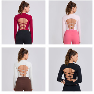 <span class=keywords><strong>T</strong></span>-shirt de sport pour le yoga et la salle de sport, entraînement, en nylon et élasthanne, avec coussinets fixes, soutien-gorge intégré, haut court à manches longues, dos croisé, haut court pour femme - Product Image 6