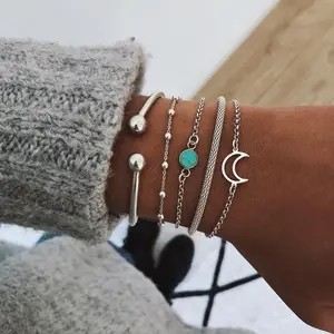 Conjunto vintage de pulseiras de cristal cor prata com strass e lua para mulheres, joia geométrica ajustável com punho turquesa