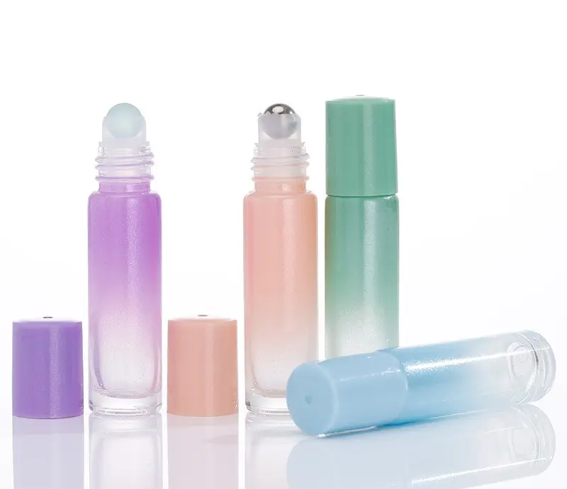 Essential oil perfume roller bottle clear green blue pink white purple yellow 10ml glass roll on bottle with cap