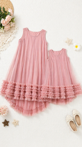 Vestidos de Princesa para Mamá e Hija con Volantes en Color Rosa Morado, Vestido de Verano de Algodón y Tul - Product Image 2
