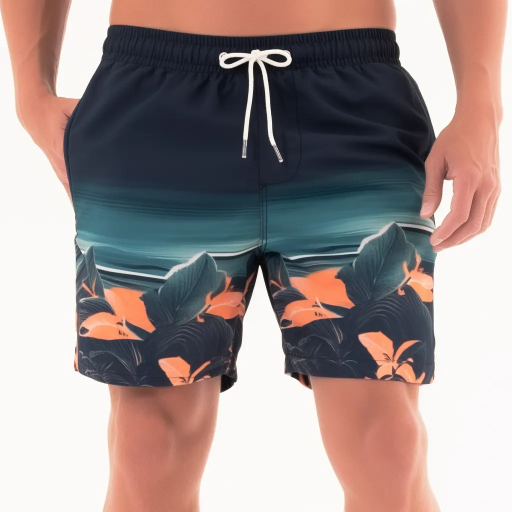 Elastik bel erkek mayoları özel sörf tahtası şort 4 yönlü streç baskılı cepler plaj şortu pantolon