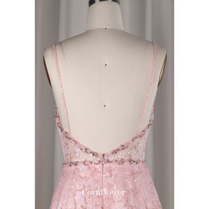 现代性感深v领亮片热石头粉色伴娘晚礼服，适合婚礼派对或卡萨门托节日 - Product Image 6
