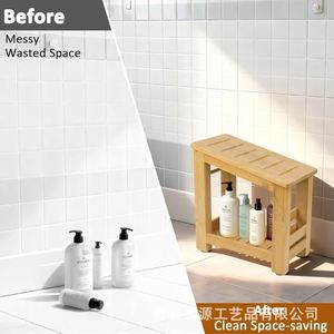 Jieyuan Bamboo Wooden Bathroom Stool Double Layer Foldable <b>Shower</b> Footrest Storage <b>Rack</b> Natural Wood Color Solid Wood - Product Image 3