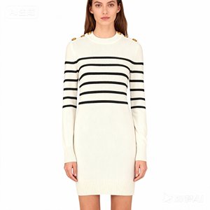 Women's Casual Knitted <strong>Dress</strong> with Shoulder Decorative Buttons Breathable Color-Block Horizontal Stripes - Product Image 1