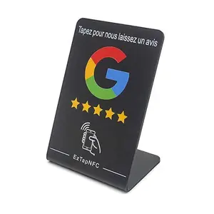 Novo leitor de cartões de visita Nfc em PVC acrílico com impressão preta e branco personalizado, placa com código QR acrílico com menu de avaliações do Google, suporte Nfc