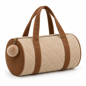 Toiletry <b>Bag</b> Barrel Shape <b>Corduroy</b> Quilted Pompom Zipper Pull Oat Caramel Wash Pouch Custom Logo Gift - Product Image 1