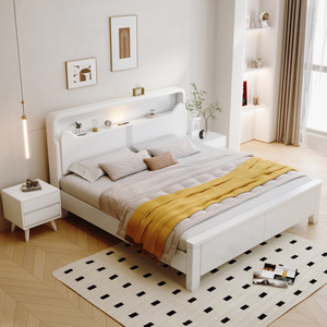 Dazhang Jiaju Scandinavian White Solid Wood Bed 1.8m Storage High Box Lighted <b>Headboard</b> Master Bedroom Furniture - Product Image 2