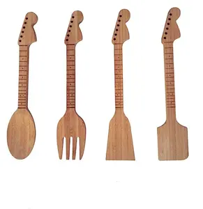 Guitar Shaped Spoon Spatulas And Salad Fork Bamboo Wood Guitar Neck Shaped Kitchen Cooking Utensil Set