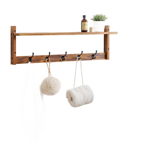 Wall-mounted Floating <b>Shelf</b> With <b>Hooks</b> Solid Wood 2-tier Storage Rack For Entryway Living Room Bedroom Organization - Product Image 1