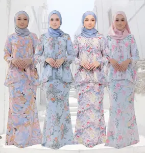 2022 Custom Floral Printing Como Crepe Heavy Chiffon Custom pattern Blouse Skirt Set Malaysia Tudung Girl Baju Kurung