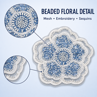 Applique florale perlée bleue avec sequins et tissu maillé, décor floral brodé à coudre pour vestes, robes, sacs et projets DIY