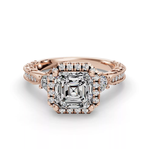 Anillo de compromiso de oro de 14 quilates con diamante cultivado en laboratorio de corte Asscher, detalles intrincados de filigrana, piedra lateral, elegante halo, certificado IGI. - Product Image 1