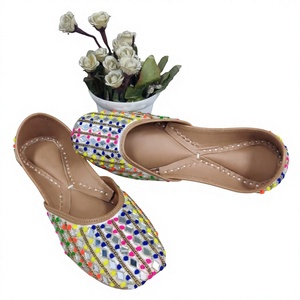 Indian Traditional Mixed Colors Flower Design Genuine Leather Customizable Casual Shoes Hook Loop Closure Flat Heel <b>Toe</b> Fashion - Product Image 4