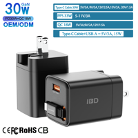 Nouveau Chargeur Mural Rapide IBD en Gros GaN PD 30W avec Câble Rétractable Type C USB A pour iPhone Samsung Android