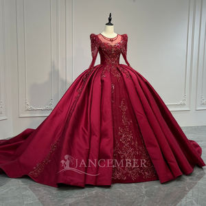 XS245 Robe de soirée moderne bordeaux à manches longues en satin, ornée de perles, de dentelle florale, d'applications de cristaux et de broderies, coupe princesse avec traîne chapelle - Product Image 3