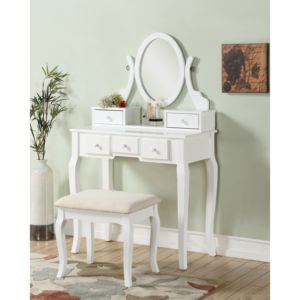 Table de maquillage avec tabouret, miroir réglable, tiroirs de rangement, meubles de chambre à coucher, bois blanc, design traditionnel - Product Image 3