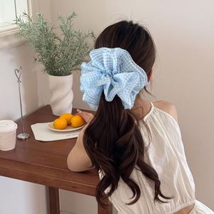 Coleteros elásticos azules a cuadros para mujer, accesorios de goma para el pelo, coleteros para cola de caballo, lazos de encaje grandes, anillos para el pelo - Product Image 5