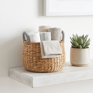 Natural <b>Rattan</b> <b>Storage</b> <b>Basket</b> With Gray Handles Circle Shape Rustic Style Multi Purpose Organizer Bin - Product Image 6