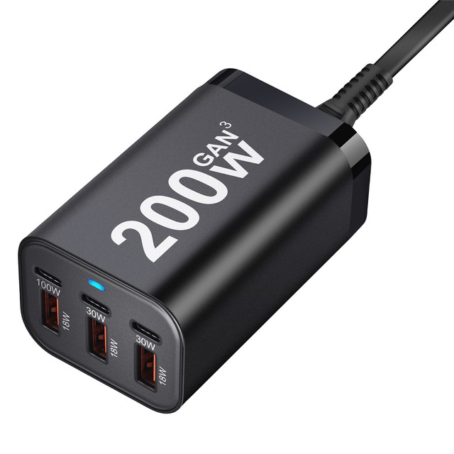 200W USB-C PD Fast Wall Charger with 4ports Multiple 100W 30W 18W Outputs 5V3A USB OTP Protection for Laptop