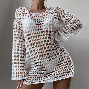Vestido de Playa de Verano para Mujer, Color Sólido, Calado, de Ganchillo, Manga Larga, Holgado, para <span class=keywords><strong>Vacaciones</strong></span> y Fiestas en la Piscina - Product Image 3