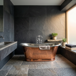 Bañera rectangular de latón independiente con acabado pátinado y tapa para baño - Product Image 1