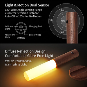 Applique murale en bois à détecteur de mouvement, rechargeable, magnétique, LED, sans fil, à piles, <span class=keywords><strong>veilleuse</strong></span> pour chambre et couloir - Product Image 2